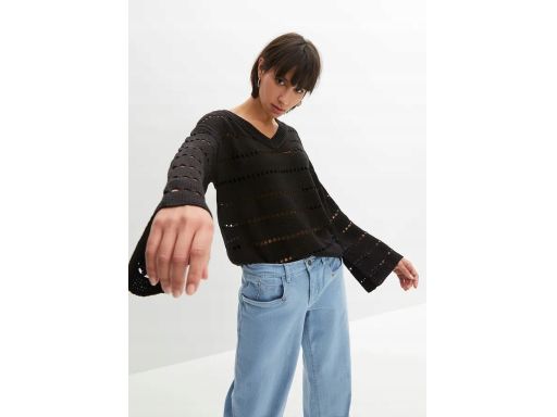 B.P.C sweter ażurowy czarny z szerokimi rękawami 32/34.