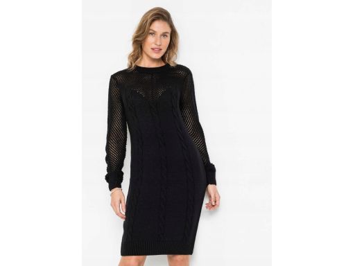 B.P.C dzianinowa sukienka czarna z ażurowym dekoltem i rękawami 36/38.
