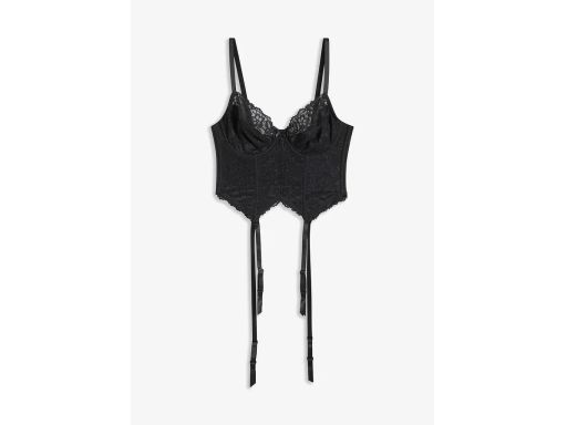 B.P.C krótki top gorsetowy czarny z koronką z paskami do pończoch 85B.