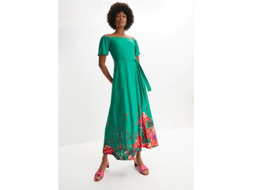B.P.C Długa zielona sukienka z czerwonym nadrukiem na dole ^36/38