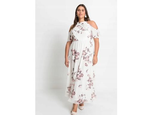 B.P.C długa sukienka siateczkowa śmietankowa w kwiaty 36/38.