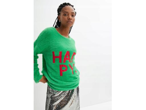 B.P.C włochaty zielony sweter z czerwonym napisem ^36/38