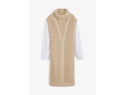 B.P.C sukienka beżowa dzianinowa z golfem 2w1 z koszulowymi rękawami 3