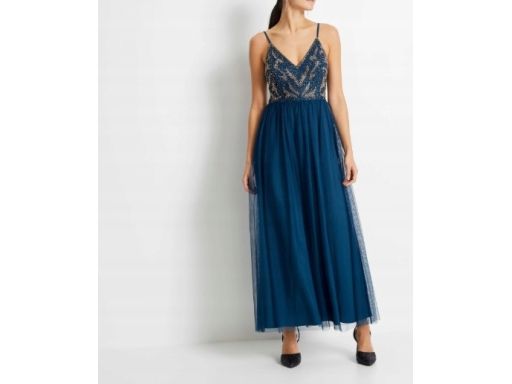 B.P.C morska sukienka wieczorowa z siateczki z aplikacją z koralików r