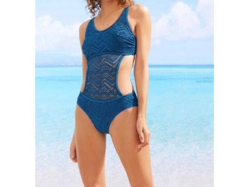 B.P.C kostium jednoczęściowy morski z ażurem i wycięciami 38.
