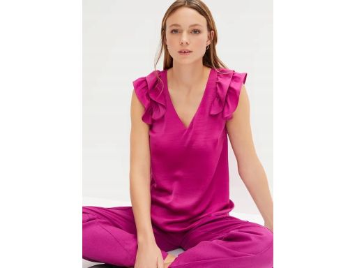 B.P.C bluzka satynowa bez rękawów z falbaną fioletowa orchidea ^42