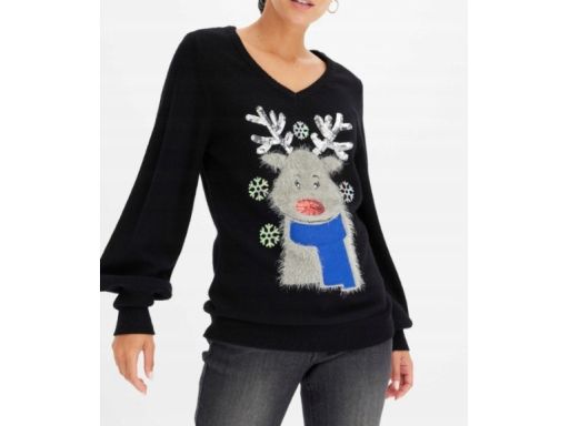 B.P.C sweter świąteczny czarny w serek z nadrukiem 3D 44/46.