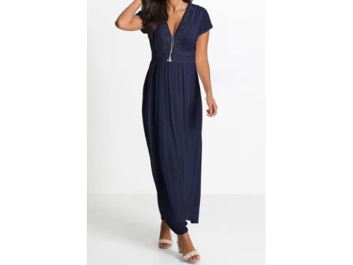 B.P.C granatowa sukienka z wiskozy z koronką długa 40.