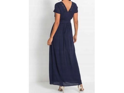 B.P.C granatowa sukienka z wiskozy z koronką długa 40.