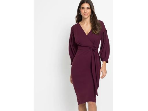 B.P.C ołówkowa sukienka śliwkowa z bufiastymi rękawami 40/42.