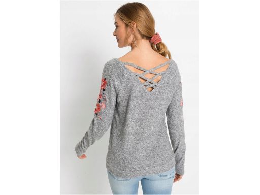 B.P.C bluzka dzianinowa szara z haftem i dekoltem na plecach 36/38.