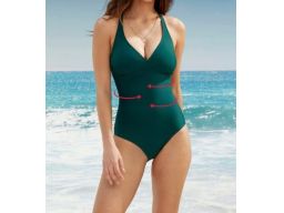 B.P.C zielony kostium kąpielowy z ozdobnymi paskami na plecach r.40