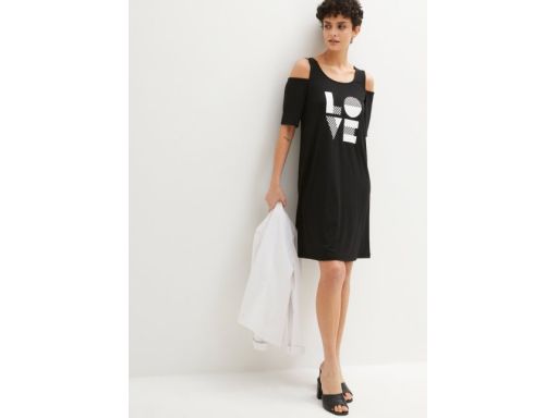 B.P.C czarna sukienka odkryte ramiona nadruk r.36/38