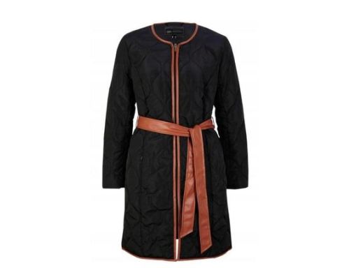 B.P.C płaszcz pikowany czarny z brązowym paskiem 38