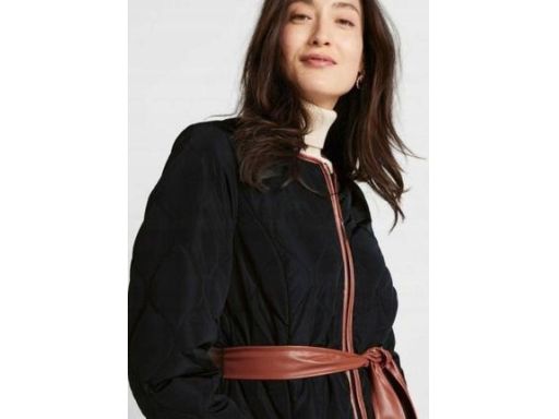 B.P.C płaszcz pikowany czarny z brązowym paskiem 38