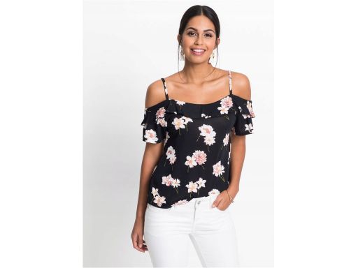B.P.C czarna bluzka w kwiaty odkryte ramiona ^40/42