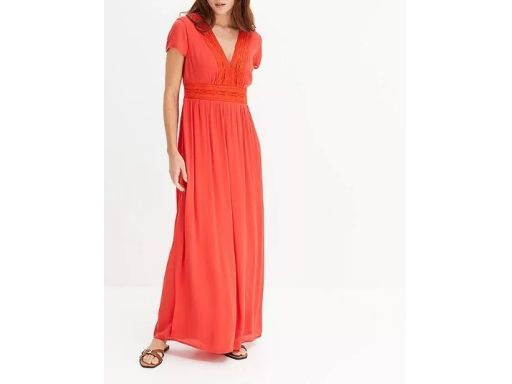 B.P.C czerwona sukienka z wiskozy z koronką długa r.40