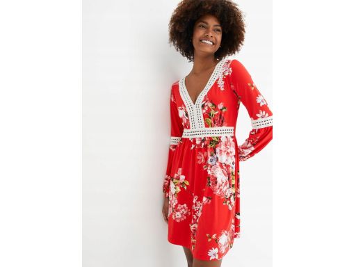 B.P.C czerwona sukienka w kwiaty z ażurową koronką ^40/42