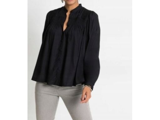 B.p.c Bluzka Koszulowa Czarna Ze Stojką I Plisą Guzikową 38