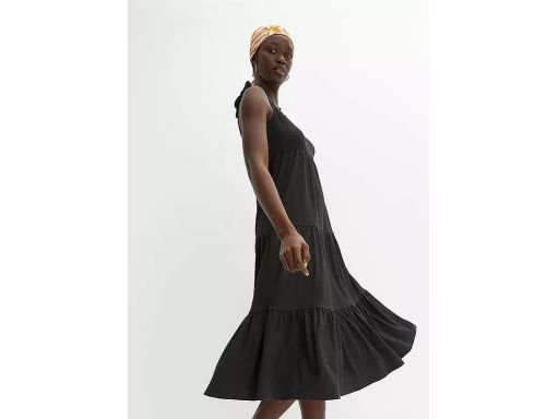 B.P.C czarna sukienka krepowana midi z falban na ramiączka 40/42.