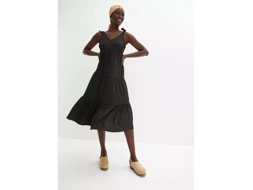 B.P.C czarna sukienka krepowana midi z falban na ramiączka 40/42.