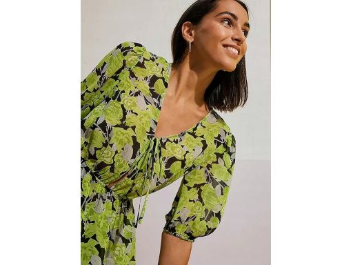 B.P.C bluzka szyfonowa z wiązanym dekoltem czarna z zielonym wzorem 48