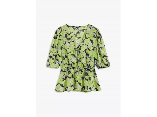 B.P.C bluzka szyfonowa z wiązanym dekoltem czarna z zielonym wzorem 48