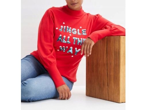 B.P.C sweter dzianinowy czerwony świąteczny z napisem z cekinów ^40/42