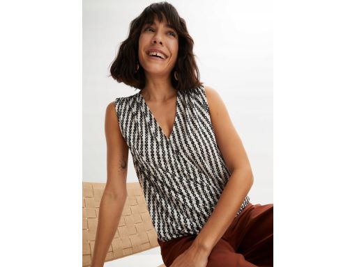 B.P.C top bez rękawów śmietankowy w czarne wzorki 36/38.