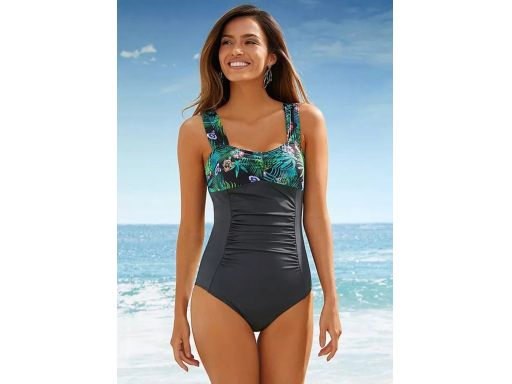 B.P.C kostium kąpielowy czarny z marszczeniem i wzorem przy dekolcie ^