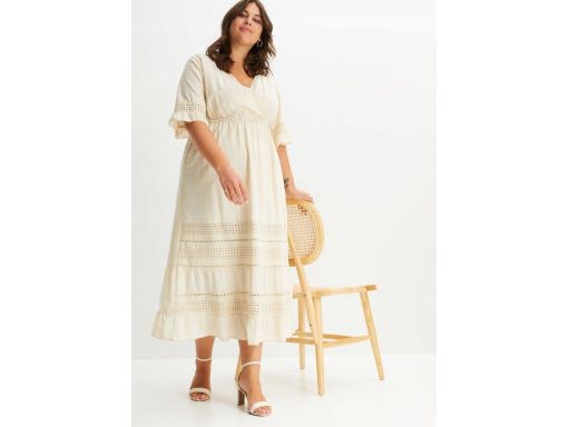 B.P.C sukienka bawełniana midi z koronką ecru 42.