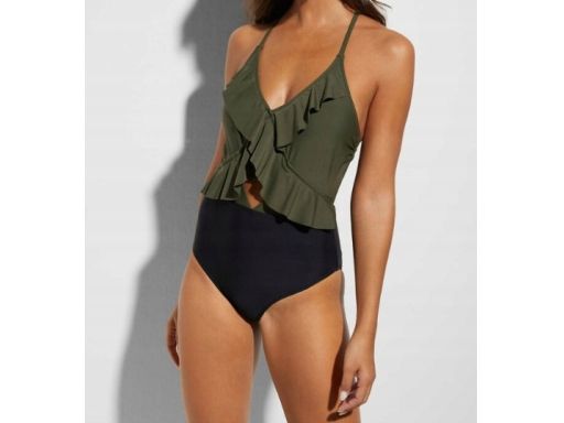 B.P.C kostium kąpielowy czarno-khaki z falbanką i wycięciem 44.