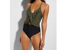 B.P.C kostium kąpielowy czarno-khaki z falbanką i wycięciem 44.