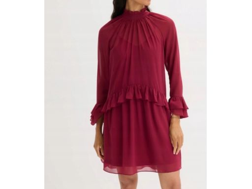B.P.C sukienka szyfonowa bordowa z falbanami 42.