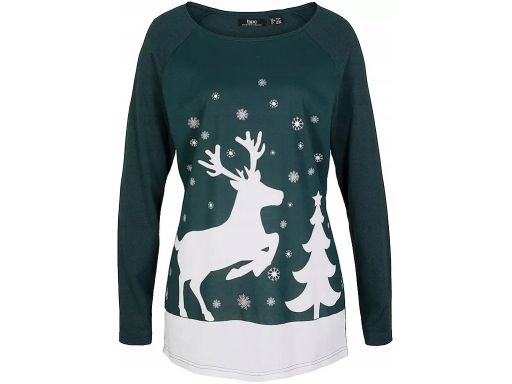 B.P.C bluzka butelkowa zieleń z nadrukiem świątecznym 40/42.