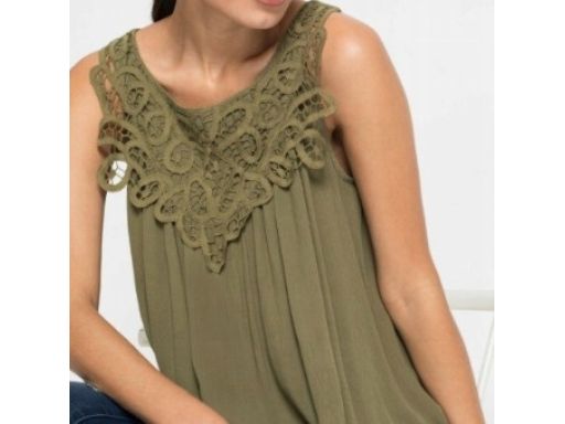 B.P.C bluzka top krepowana zielona khaki z koronką ^40