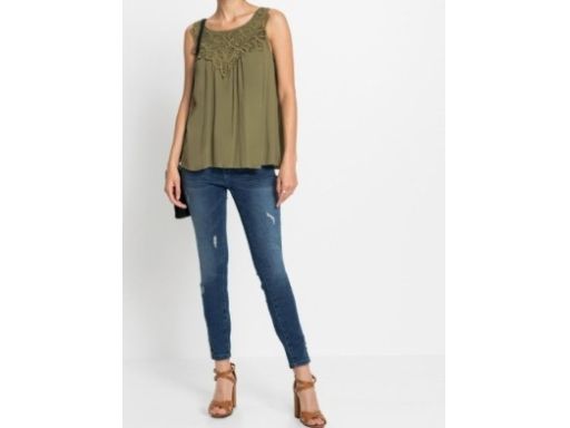 B.P.C bluzka top krepowana zielona khaki z koronką ^40