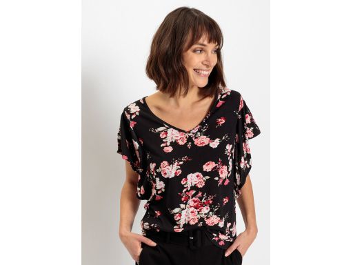 B.P.C czarna bluzka w kwiaty z falbankowymi rękawami 40/42.