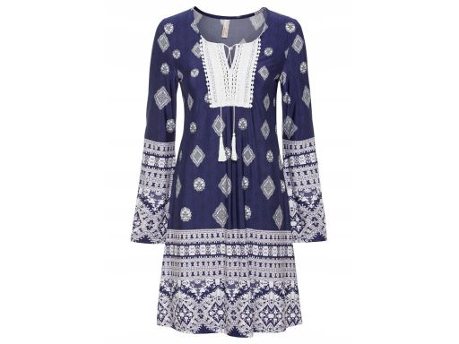 B.P.C sukienka granatowa we wzory boho z koronką r.36/38