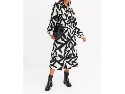 B.P.C sukienka koszulowa midi śmietankowo-czarna we wzory 50.
