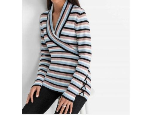 B.P.C dzianinowy sweterek z założeniem kopertowym w paski ^48/50