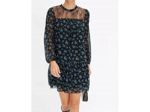 B.P.C czarna sukienka szyfonowa z drobne kwiatuszki z koronką ^46