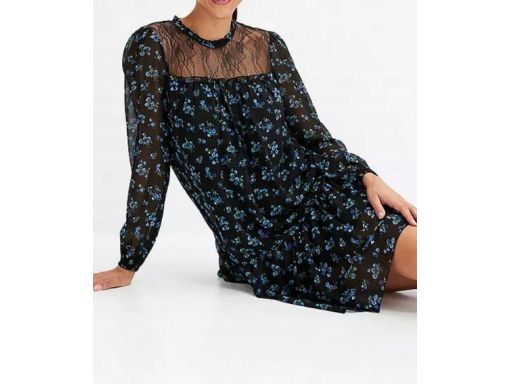 B.P.C czarna sukienka szyfonowa z drobne kwiatuszki z koronką ^46