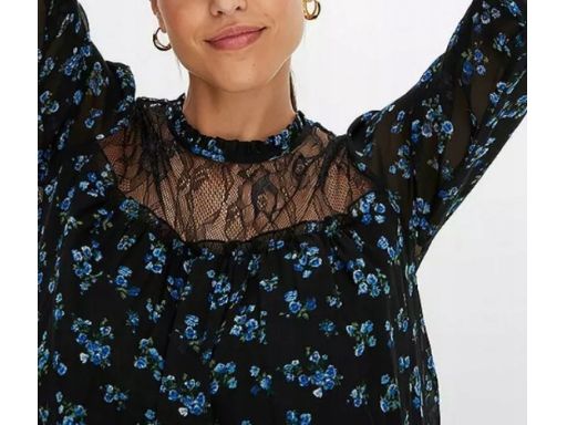 B.P.C czarna sukienka szyfonowa z drobne kwiatuszki z koronką ^46