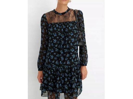 B.P.C czarna sukienka szyfonowa z drobne kwiatuszki z koronką ^46