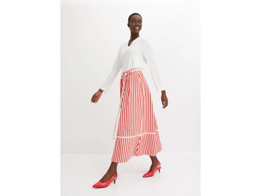B.P.C spódnica maxi śmietankowo-czerwona w paski z koronką 42.