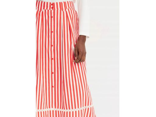 B.P.C spódnica maxi śmietankowo-czerwona w paski z koronką 42.