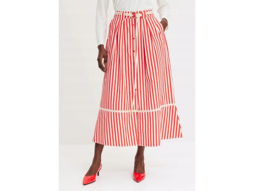 B.P.C spódnica maxi śmietankowo-czerwona w paski z koronką 42.