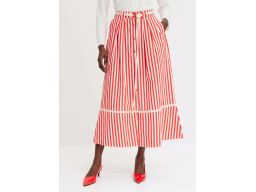 B.P.C spódnica maxi śmietankowo-czerwona w paski z koronką 42.