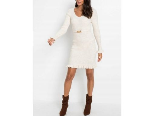 B.P.C sukienka dzianinowa kremowa przylegająca ze złotym paskiem 36/38